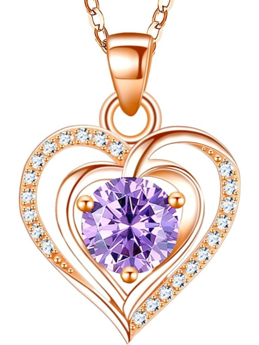 Women's Rose Gold 925 Sterling Silver Zirconia Heart Birthstone Pendant Necklace